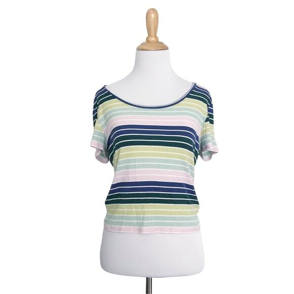 AMERICAN EAGLE Super-Soft Viscose Striped Pastel Crop Tee Size M Blue Green Pink - Picture 1 of 8